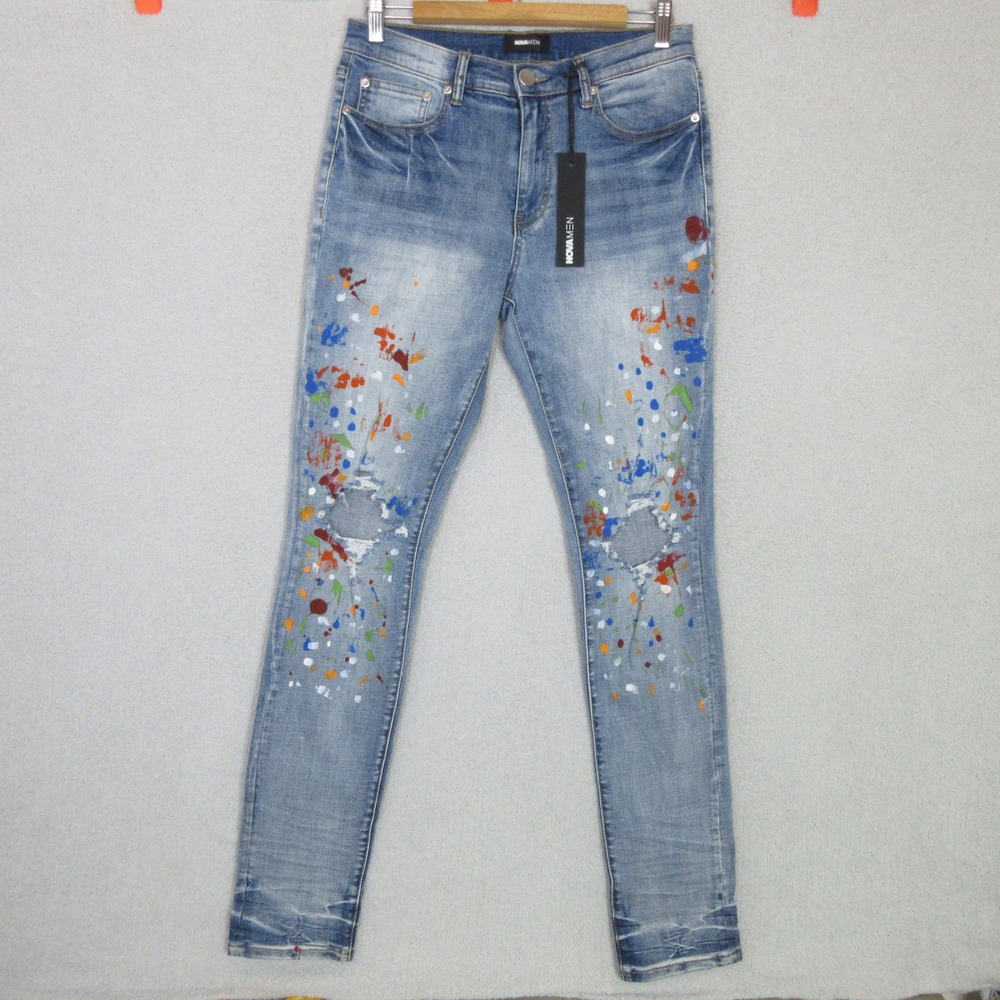 Fashion Nova Men Paint No Mind Skinny Jeans 30 Blue NEW Distressed Splatter